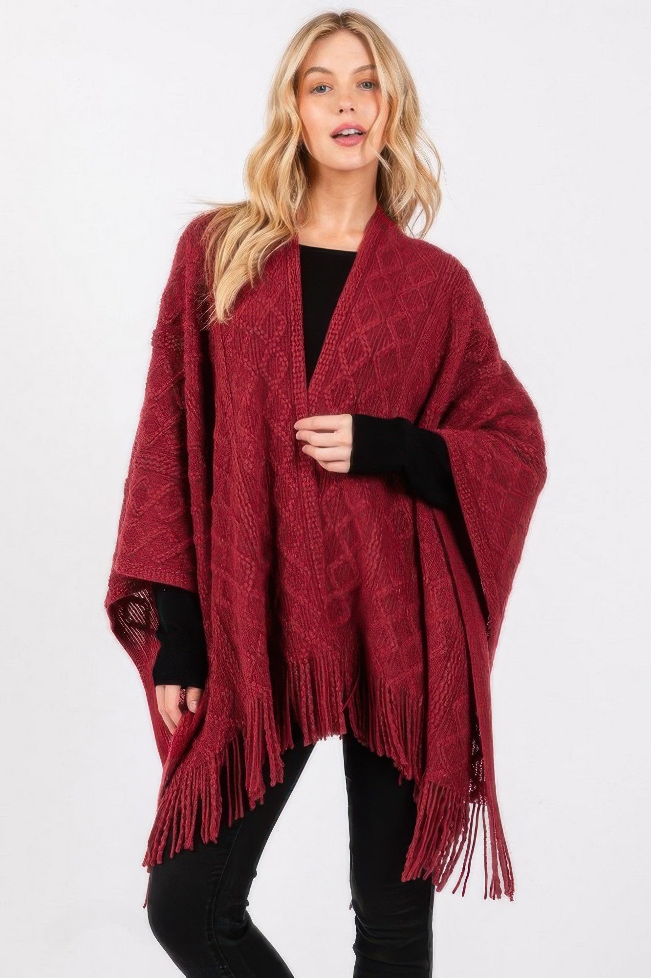 Diamond Pattern Tassel Knit Ruana - Farnelli