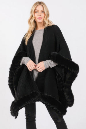 Faux Fur Trim Cape With Closure - Farnelli