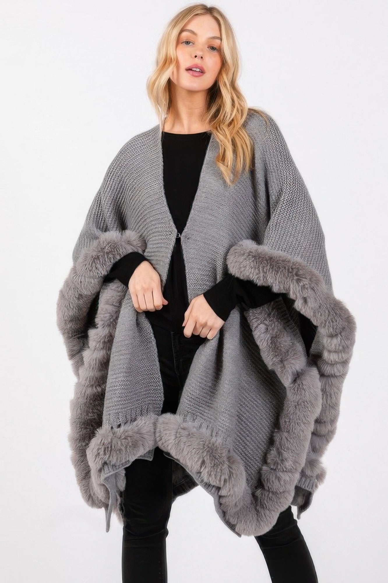 Faux Fur Trim Cape With Closure - Farnelli