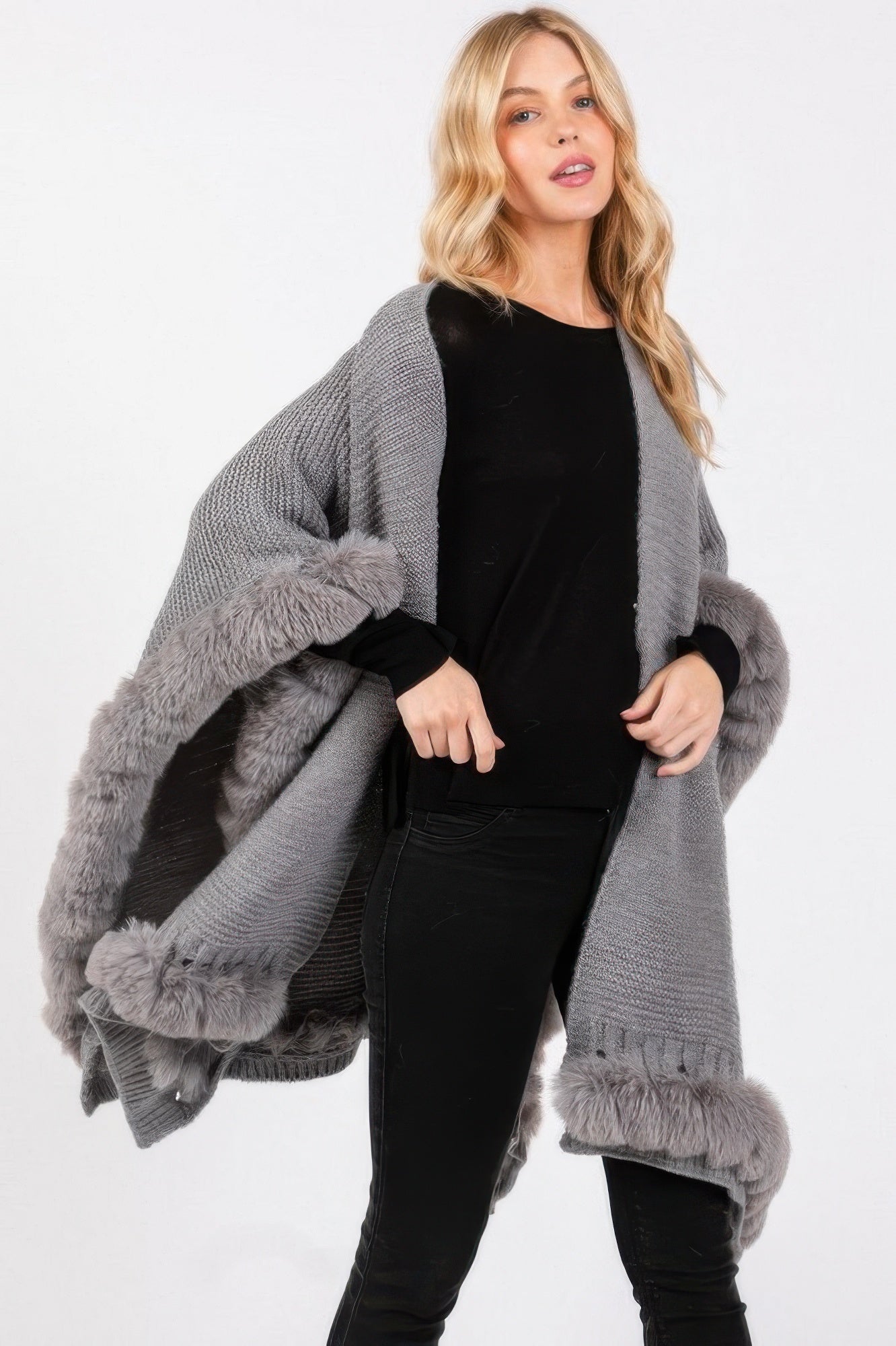Faux Fur Trim Cape With Closure - Farnelli