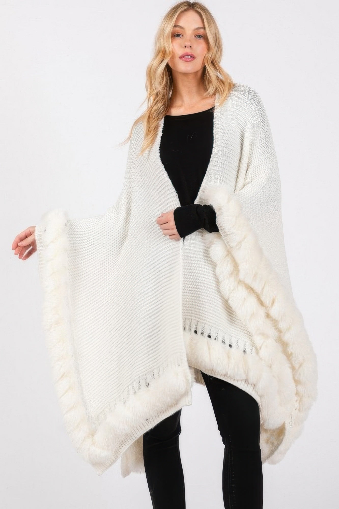 Faux Fur Trim Cape With Closure - Farnelli