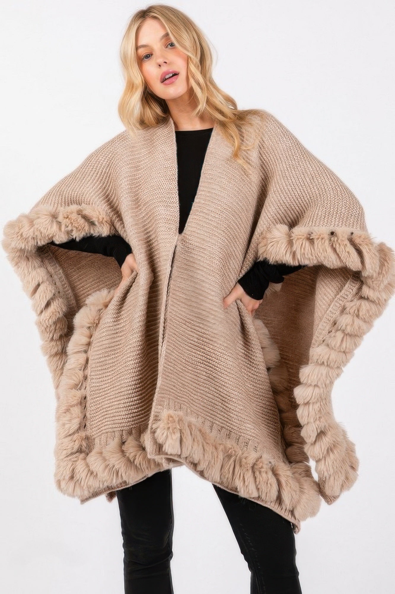 Faux Fur Trim Cape With Closure - Farnelli