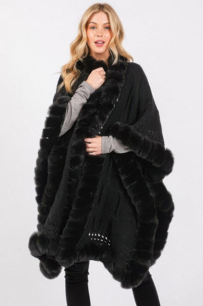 Faux Fur Collar And Trim Cape With Closure - Farnelli