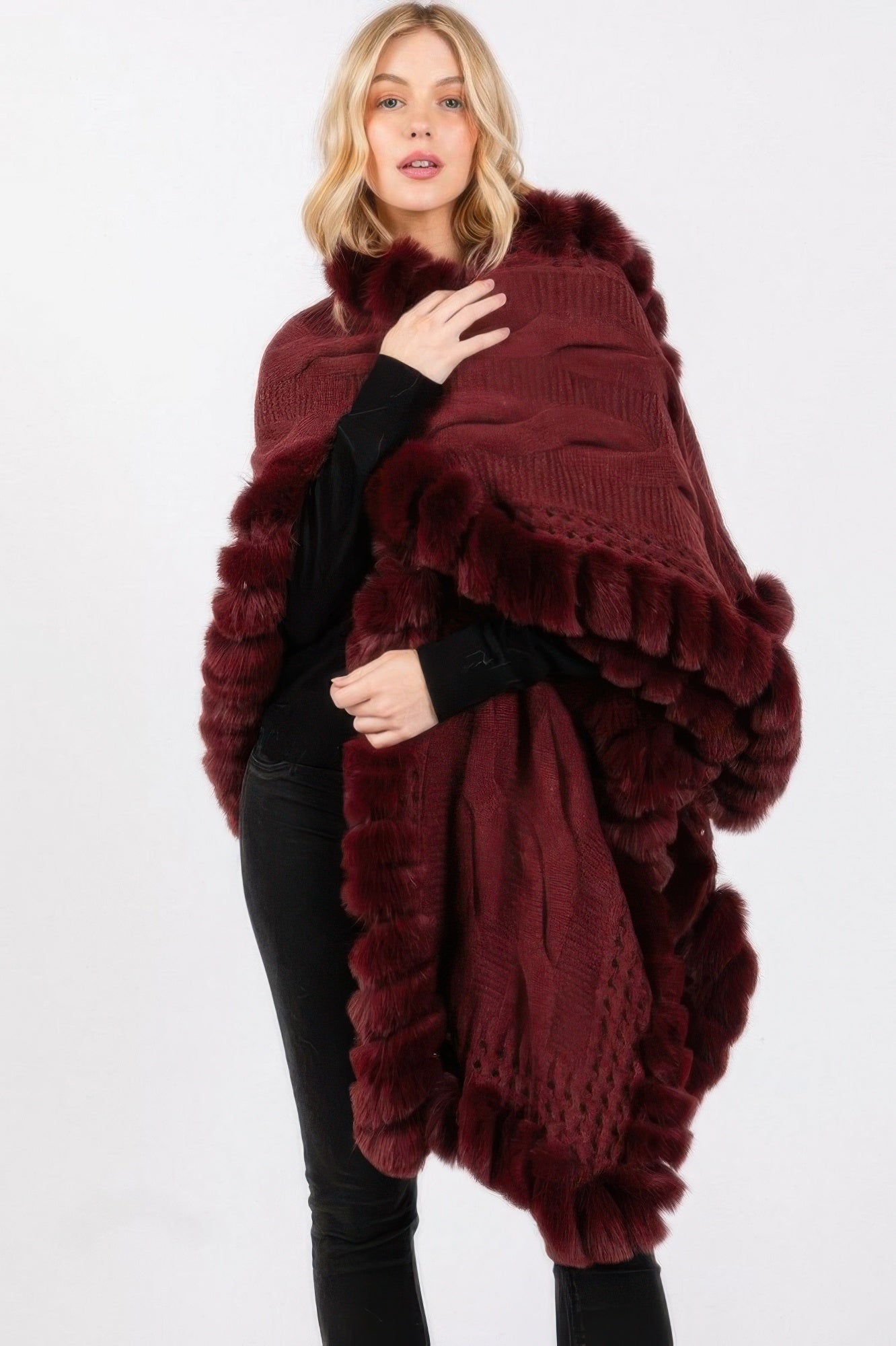 Faux Fur Collar And Trim Cape With Closure - Farnelli