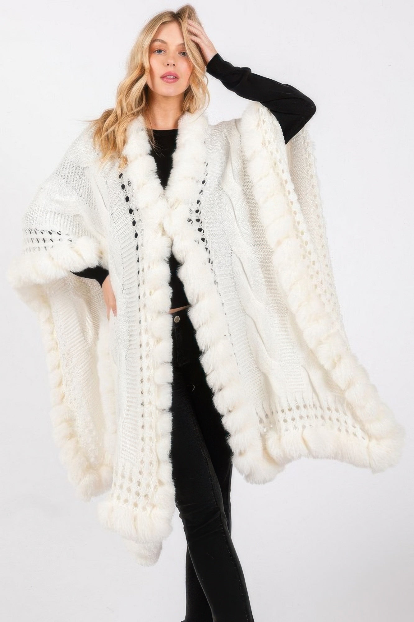 Faux Fur Collar And Trim Cape With Closure - Farnelli