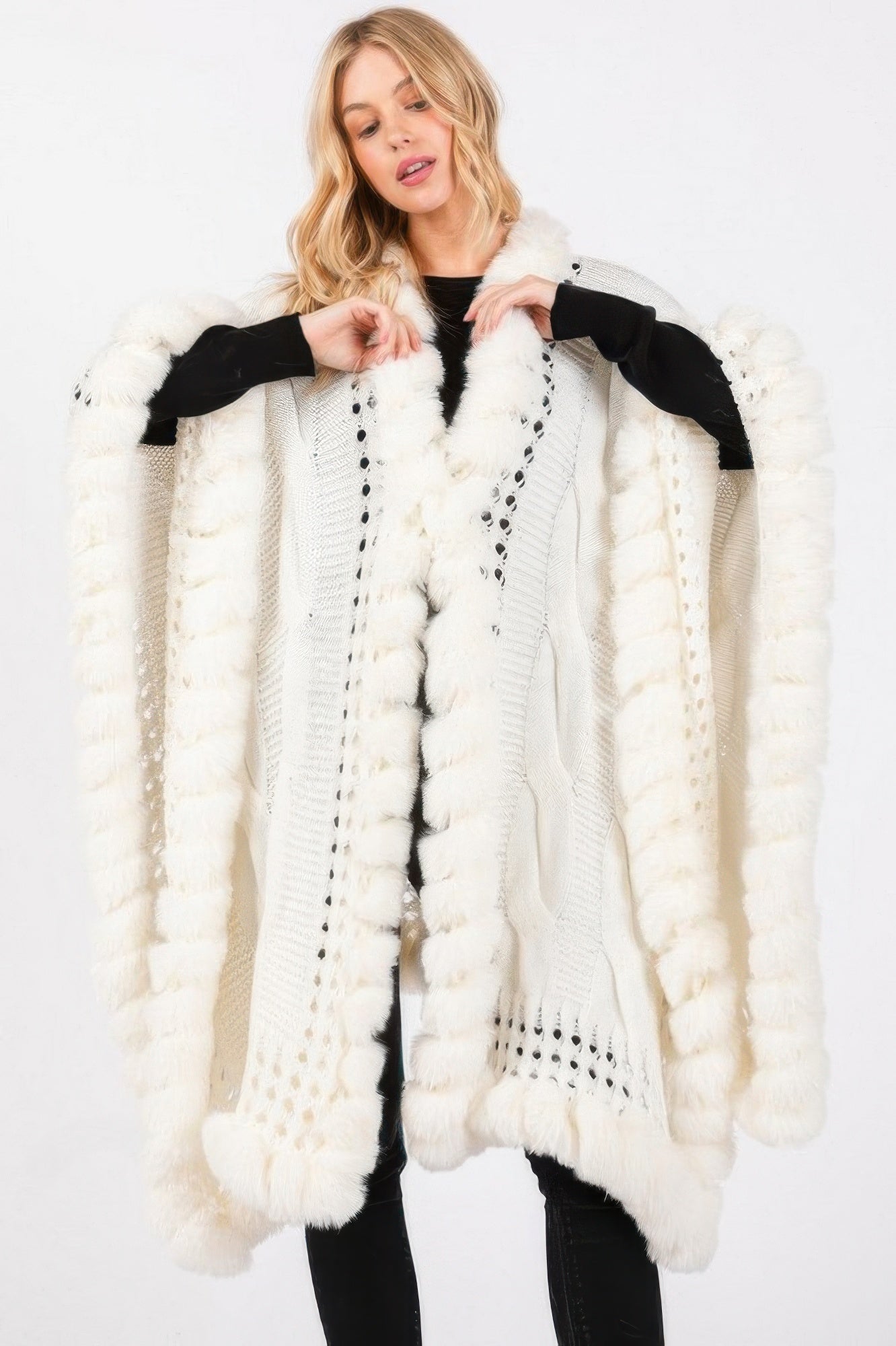 Faux Fur Collar And Trim Cape With Closure - Farnelli