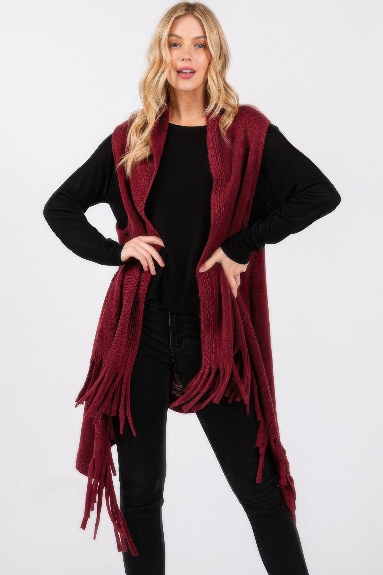 Embossed Dotted Line Tassel Knit Vest - Farnelli