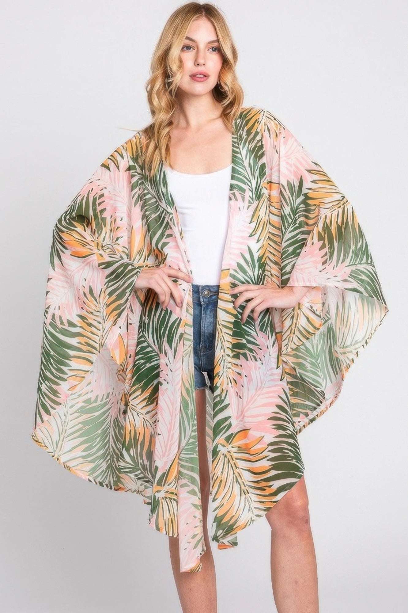 Tropical Leaves Print Shawl Cover-up - Farnelli