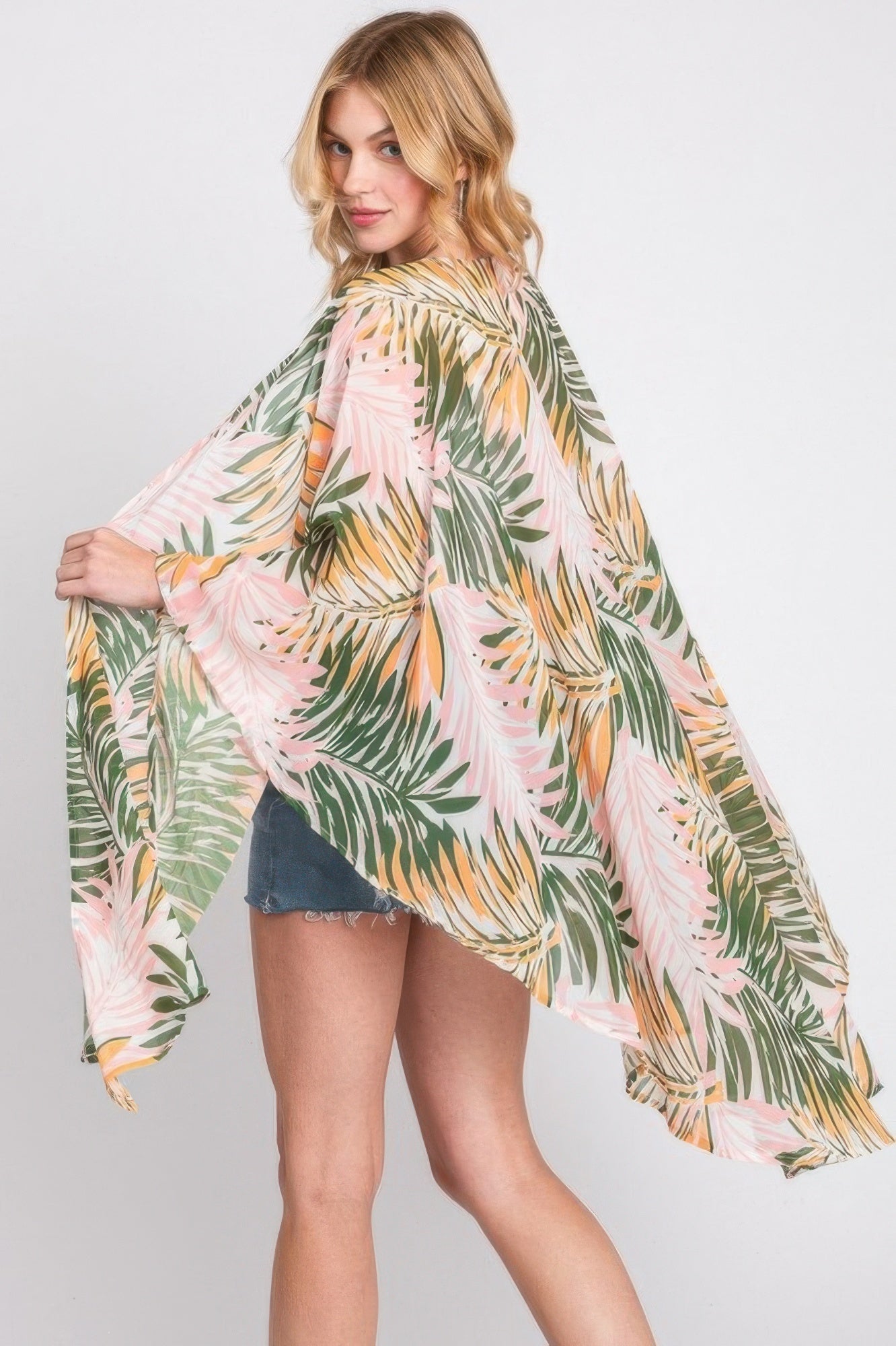 Tropical Leaves Print Shawl Cover-up - Farnelli