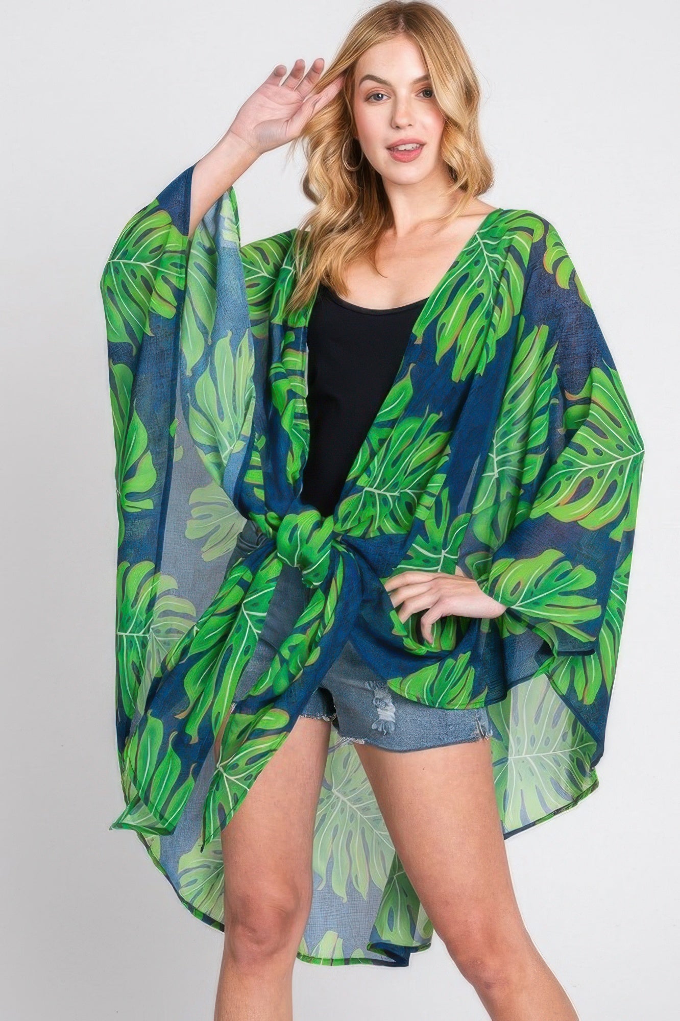 Tropical Leaves Print Shawl Cover-up - Farnelli
