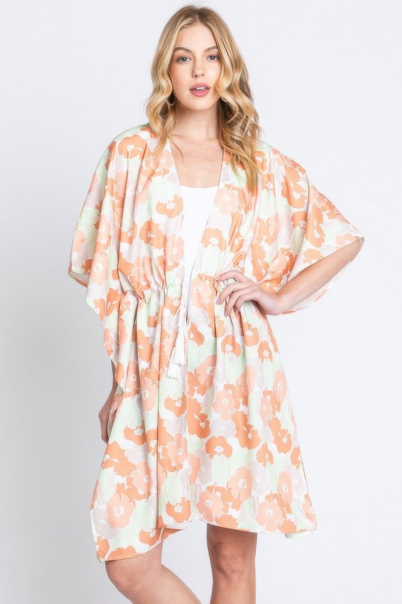 Flower Print Self-tie Drawstring Open Front Cover - Farnelli