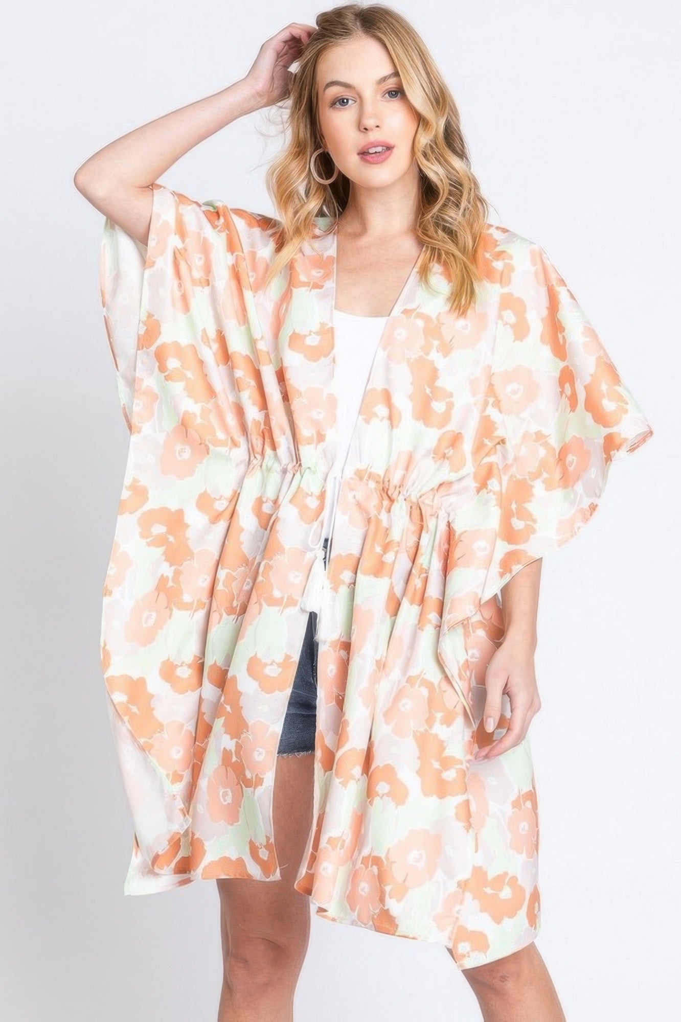 Flower Print Self-tie Drawstring Open Front Cover - Farnelli