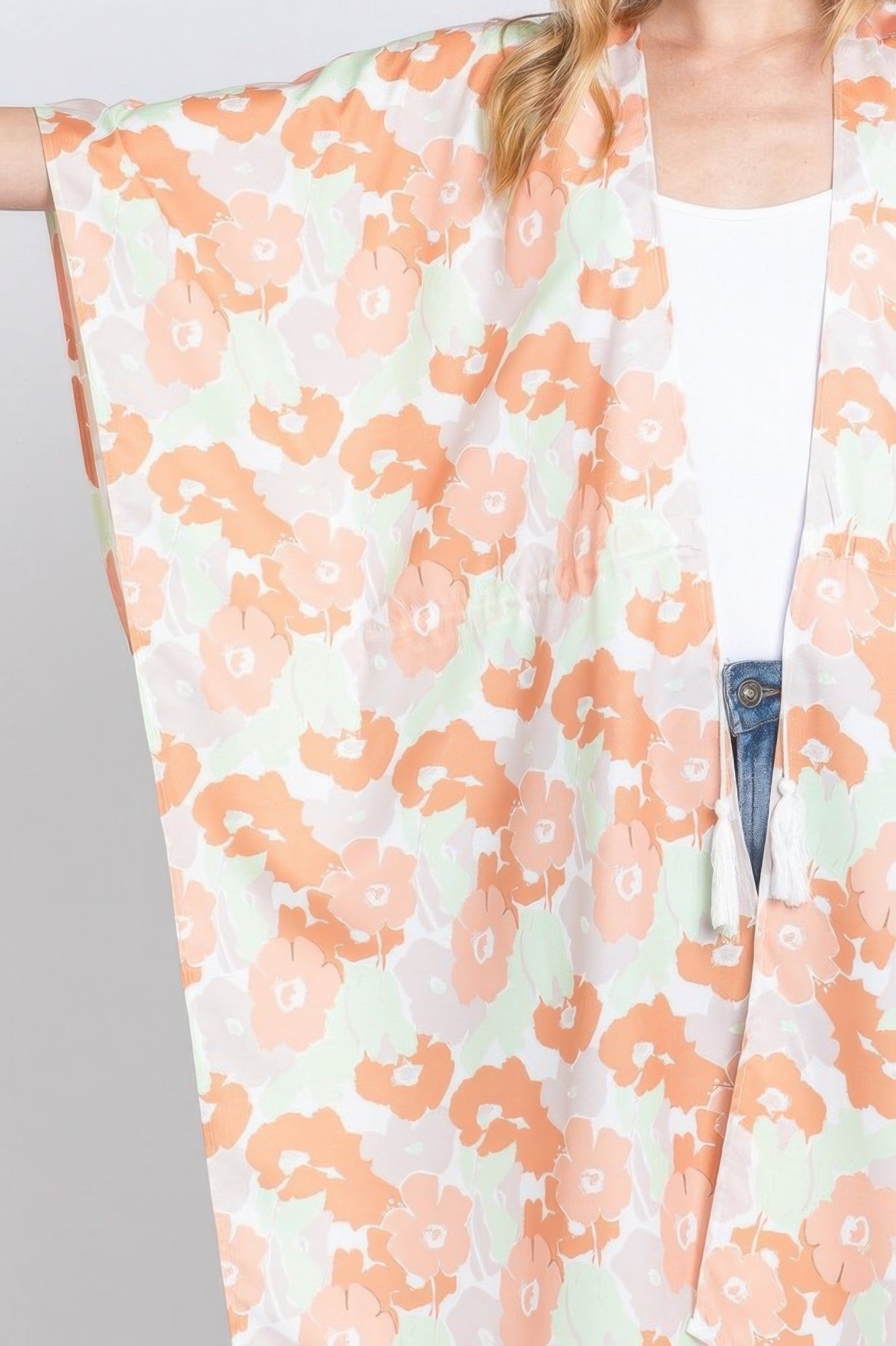 Flower Print Self-tie Drawstring Open Front Cover - Farnelli