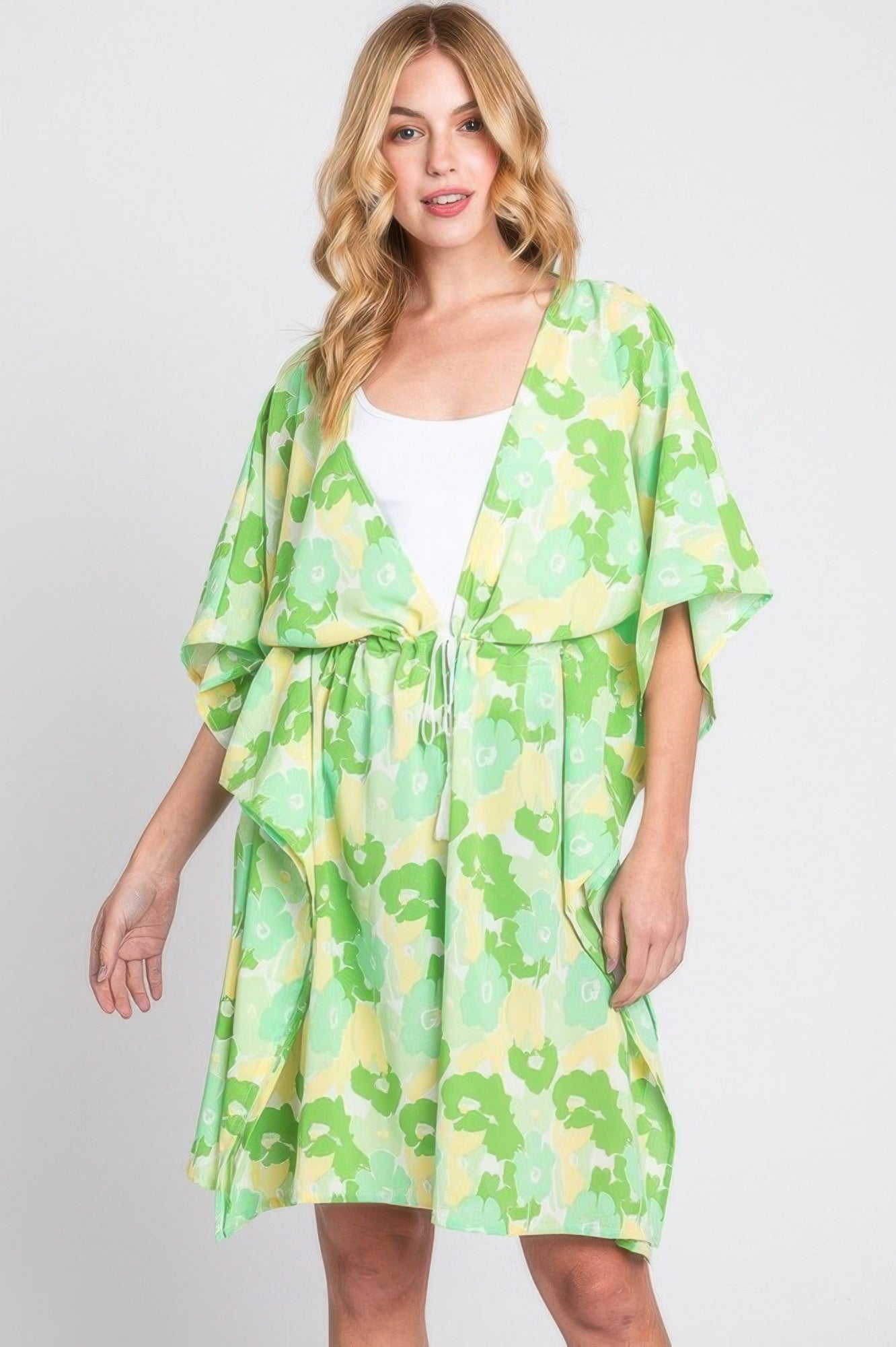 Flower Print Self-tie Drawstring Open Front Cover - Farnelli