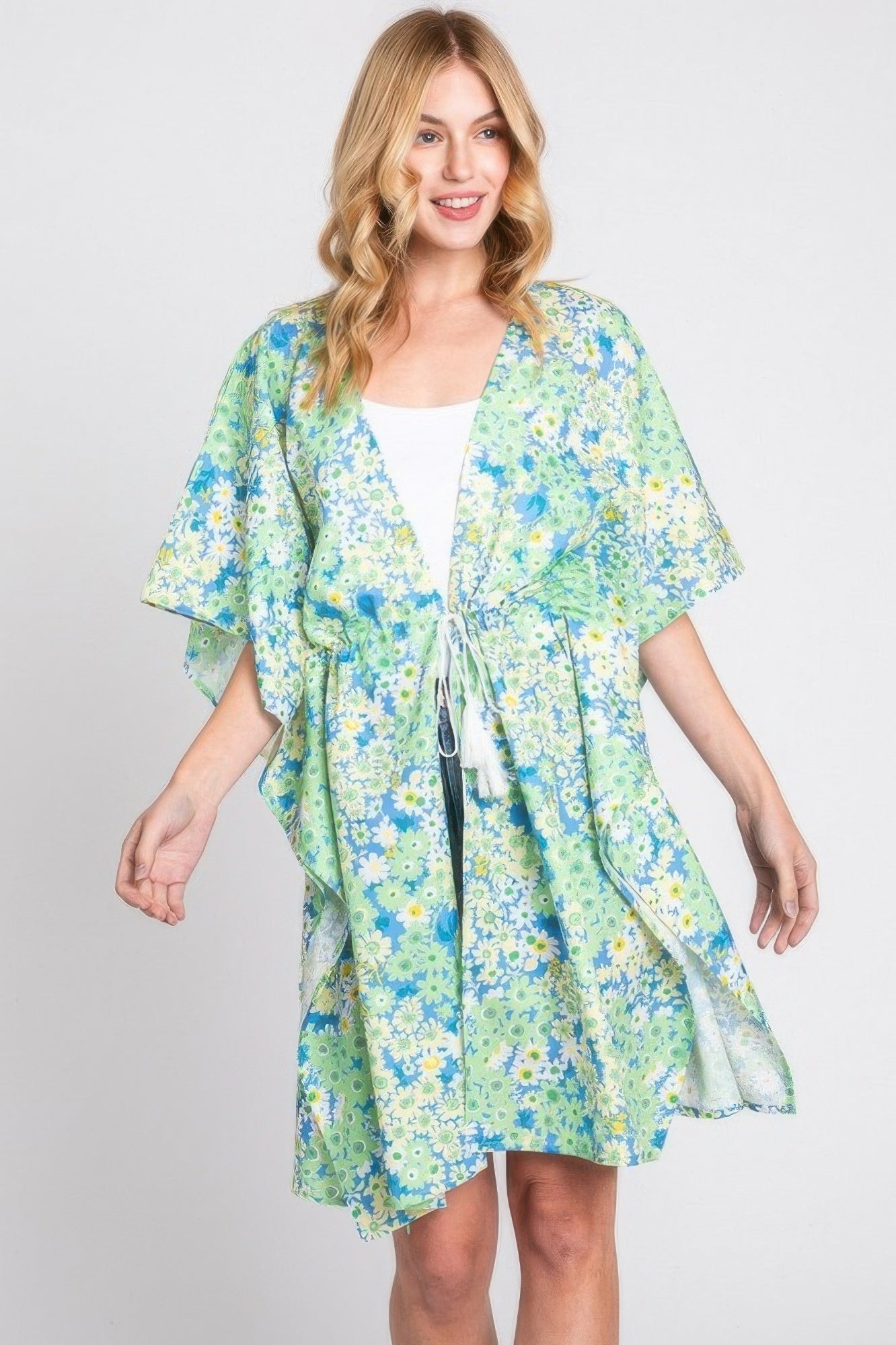 Flower Print Self-tie Drawstring Open Front Cover - Farnelli
