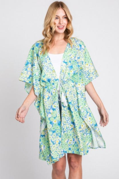 Flower Print Self-tie Drawstring Open Front Cover - Farnelli