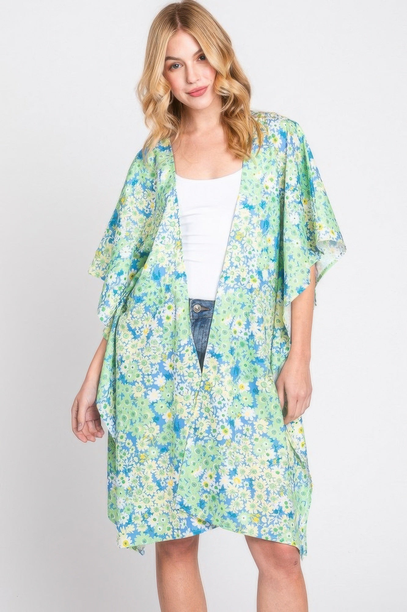 Flower Print Self-tie Drawstring Open Front Cover - Farnelli