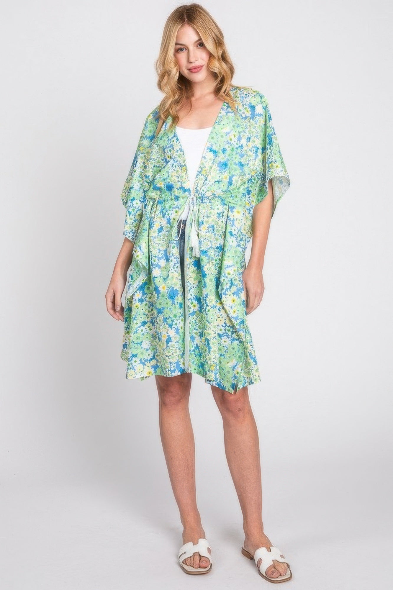 Flower Print Self-tie Drawstring Open Front Cover - Farnelli