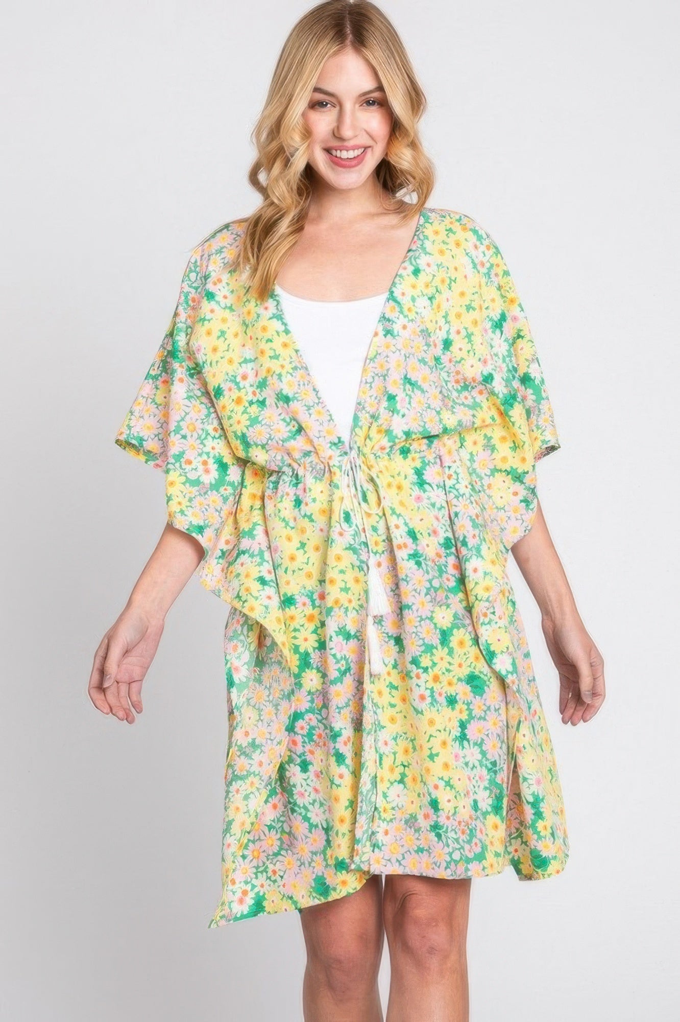 Flower Print Self-tie Drawstring Open Front Cover - Farnelli