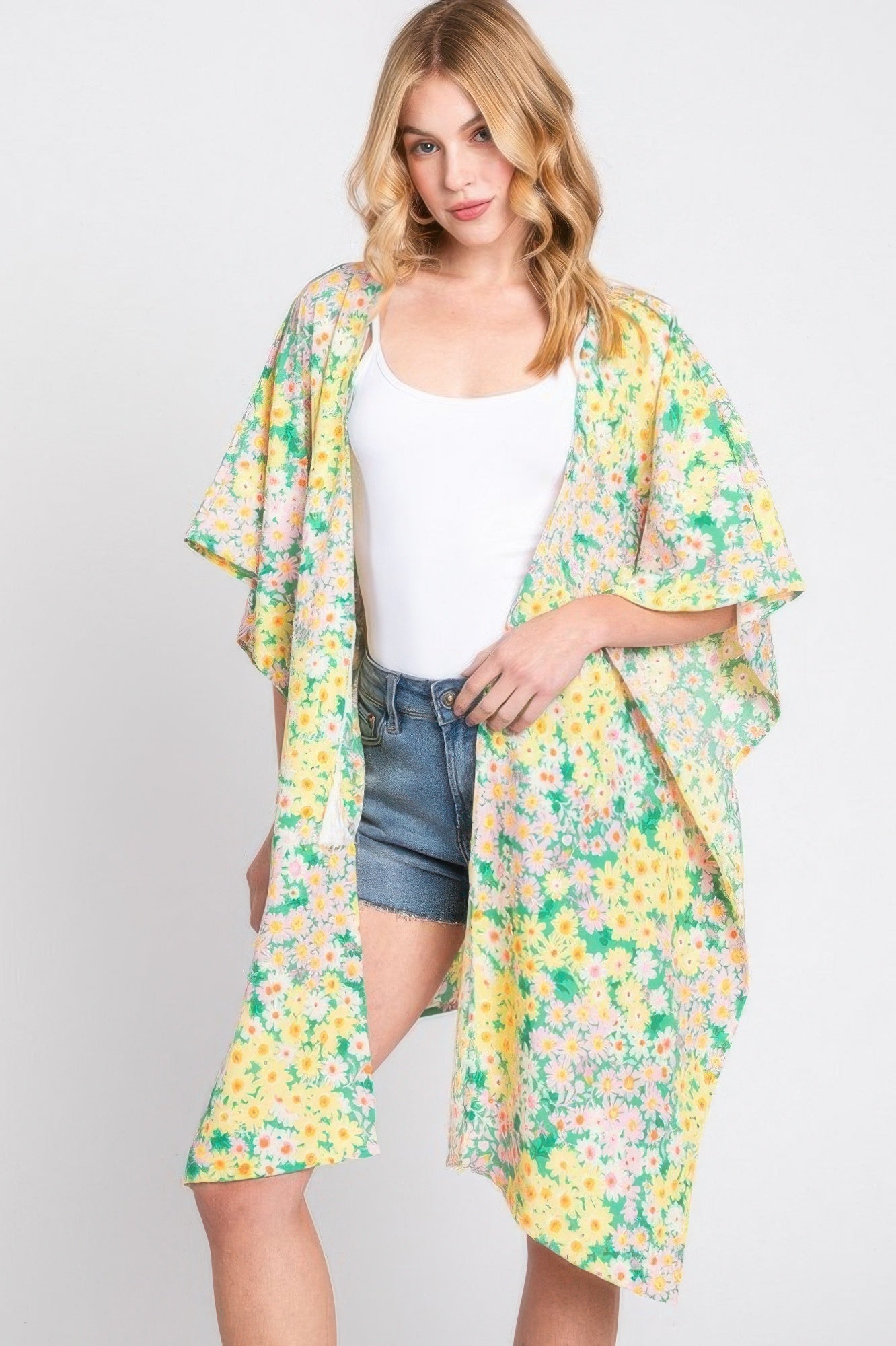 Flower Print Self-tie Drawstring Open Front Cover - Farnelli