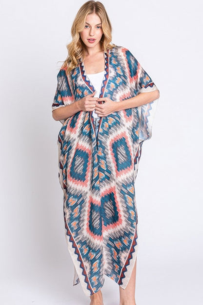 Aztec Print Open Front Long Kimono - Farnelli