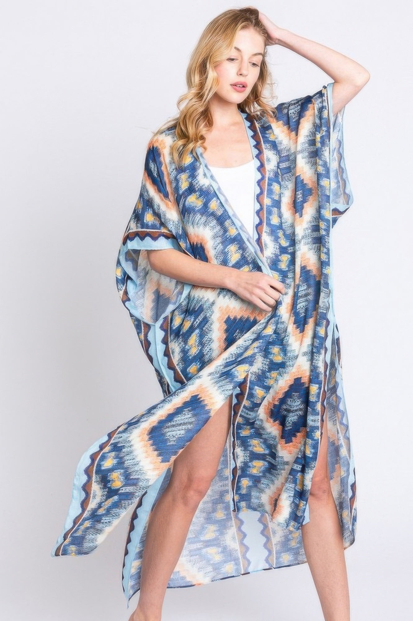 Aztec Print Open Front Long Kimono - Farnelli