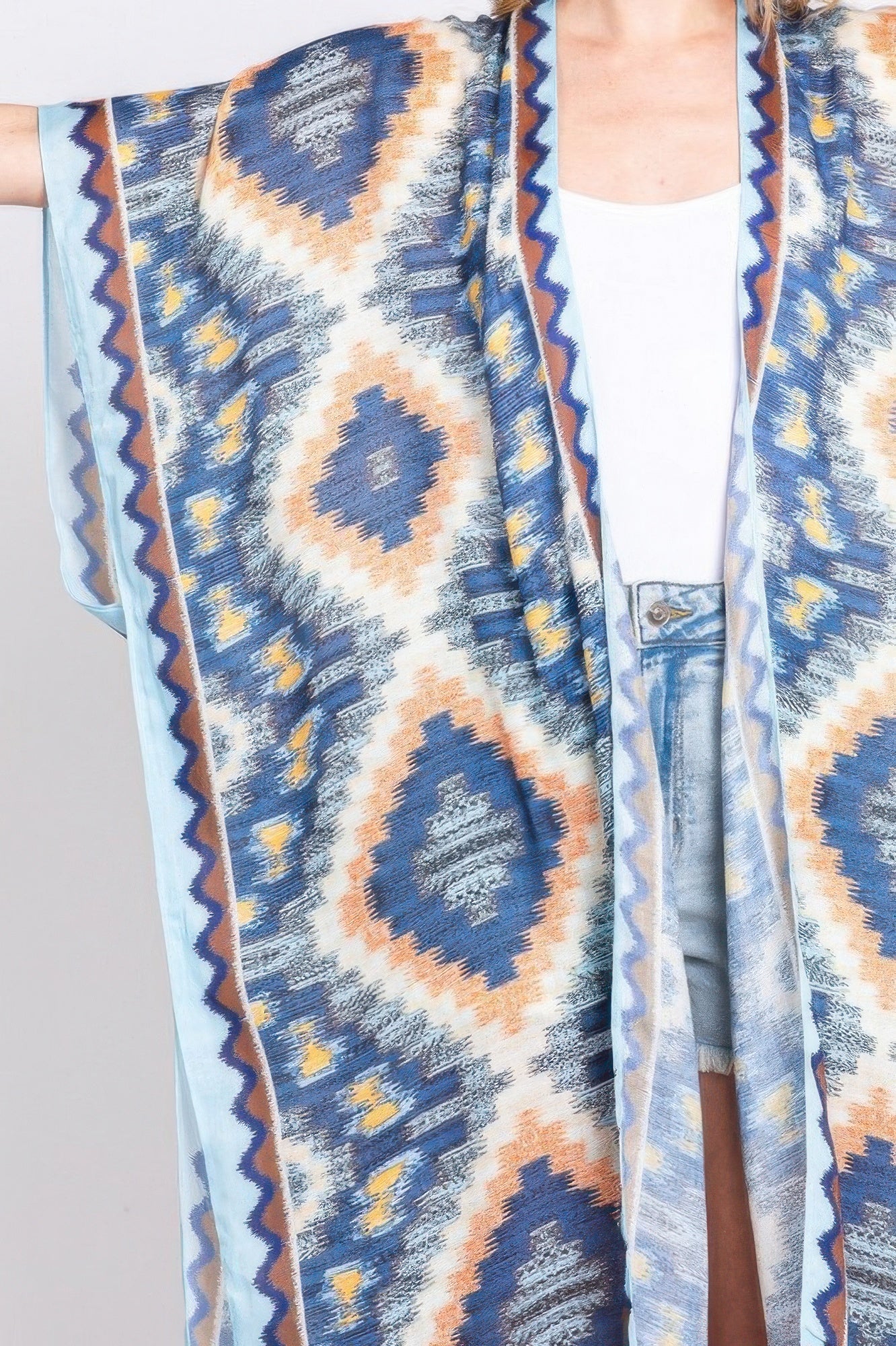 Aztec Print Open Front Long Kimono - Farnelli