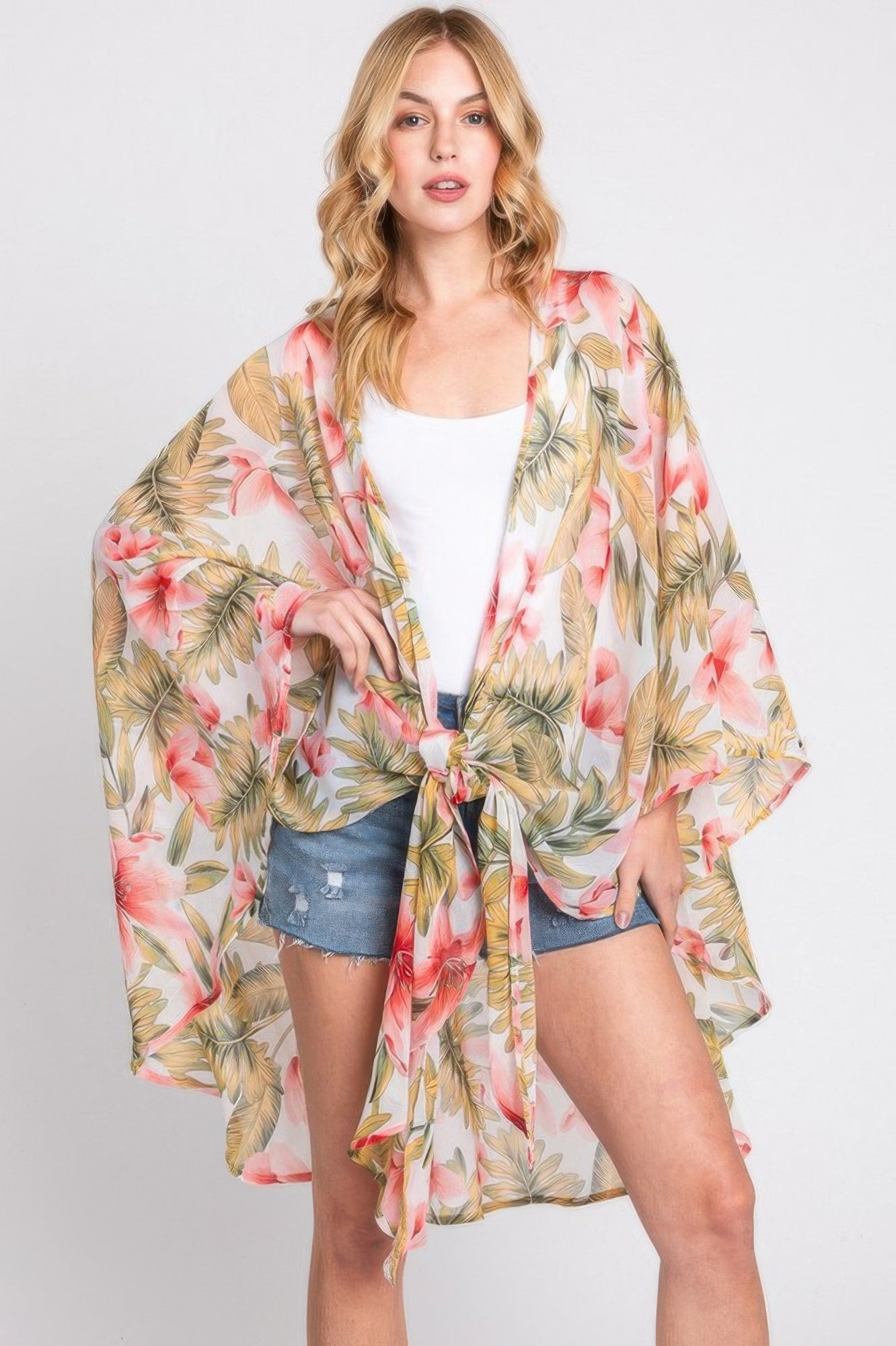 Tropical Flower Leaves Print Shawl Cover-up - Farnelli