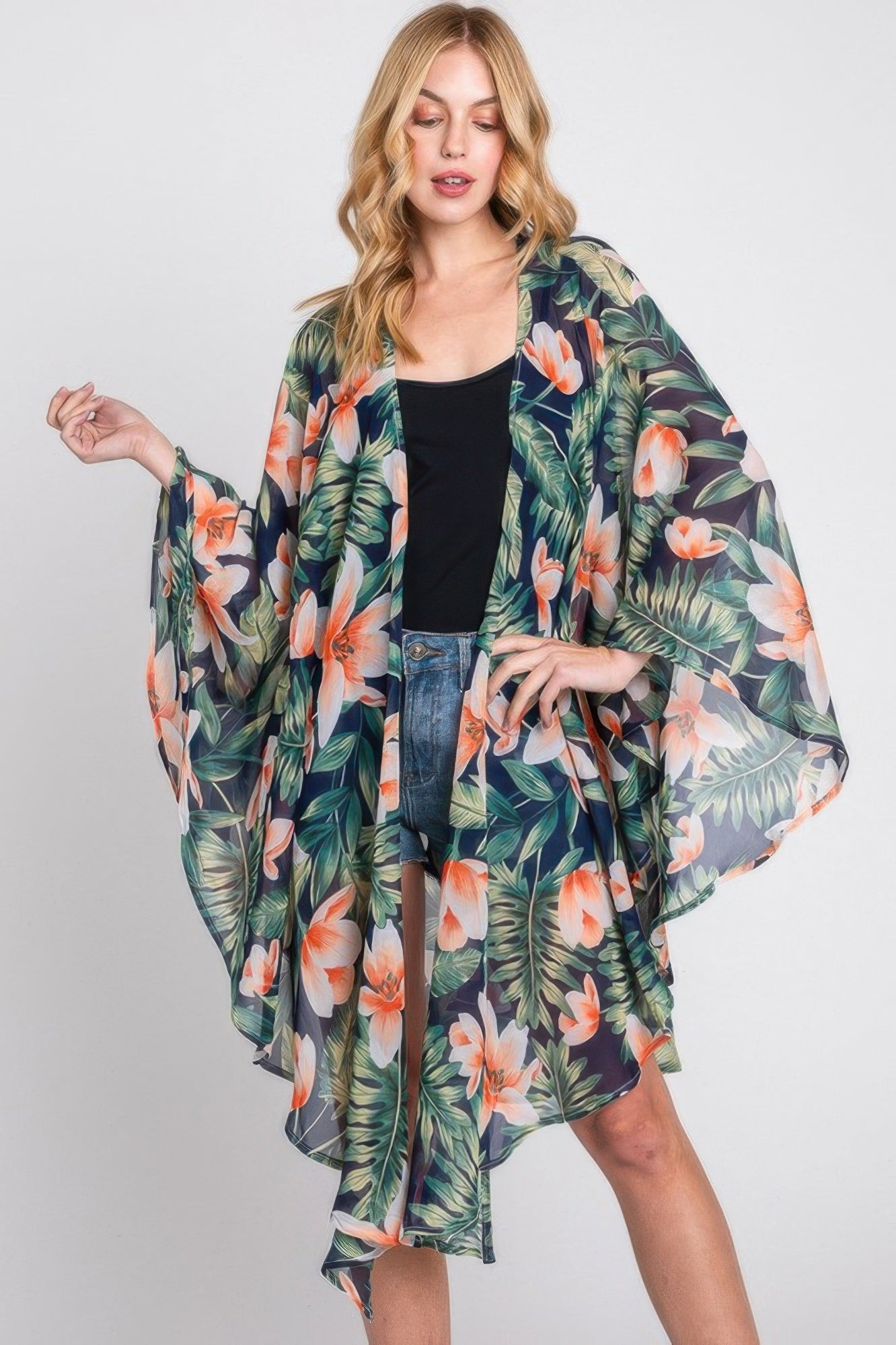 Tropical Flower Leaves Print Shawl Cover-up - Farnelli
