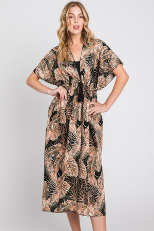 Tropical Leaves Print Self-tie Drawstring Cover Up - Farnelli