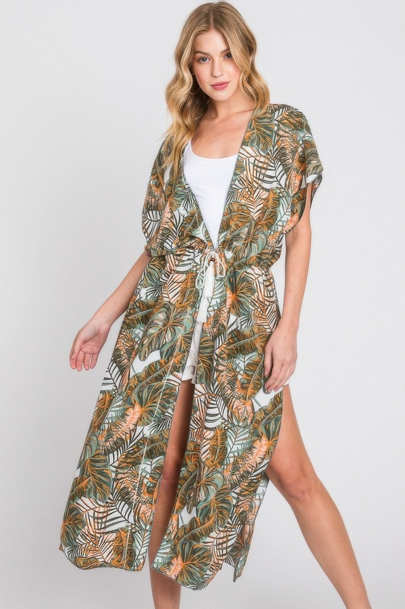 Tropical Leaves Print Self-tie Drawstring Cover Up - Farnelli