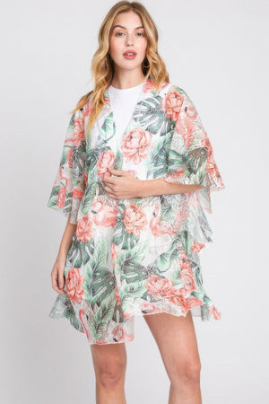 Ruffle Lined Tropical Flamingo Print Open Front - Farnelli