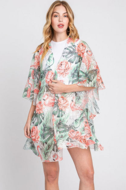 Ruffle Lined Tropical Flamingo Print Open Front - Farnelli