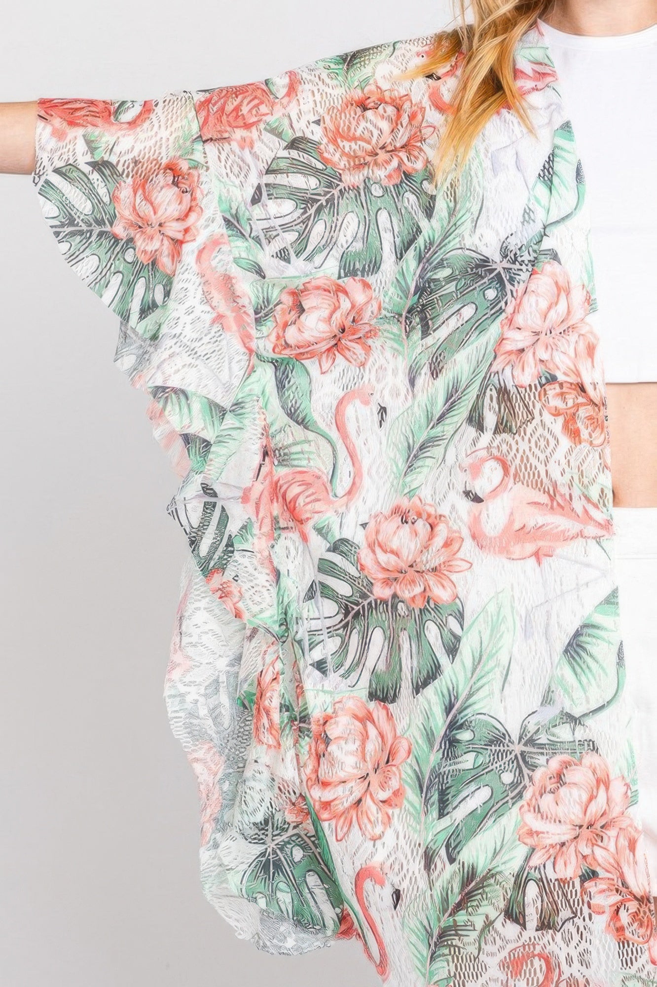 Ruffle Lined Tropical Flamingo Print Open Front - Farnelli