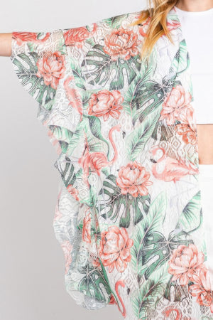 Ruffle Lined Tropical Flamingo Print Open Front - Farnelli