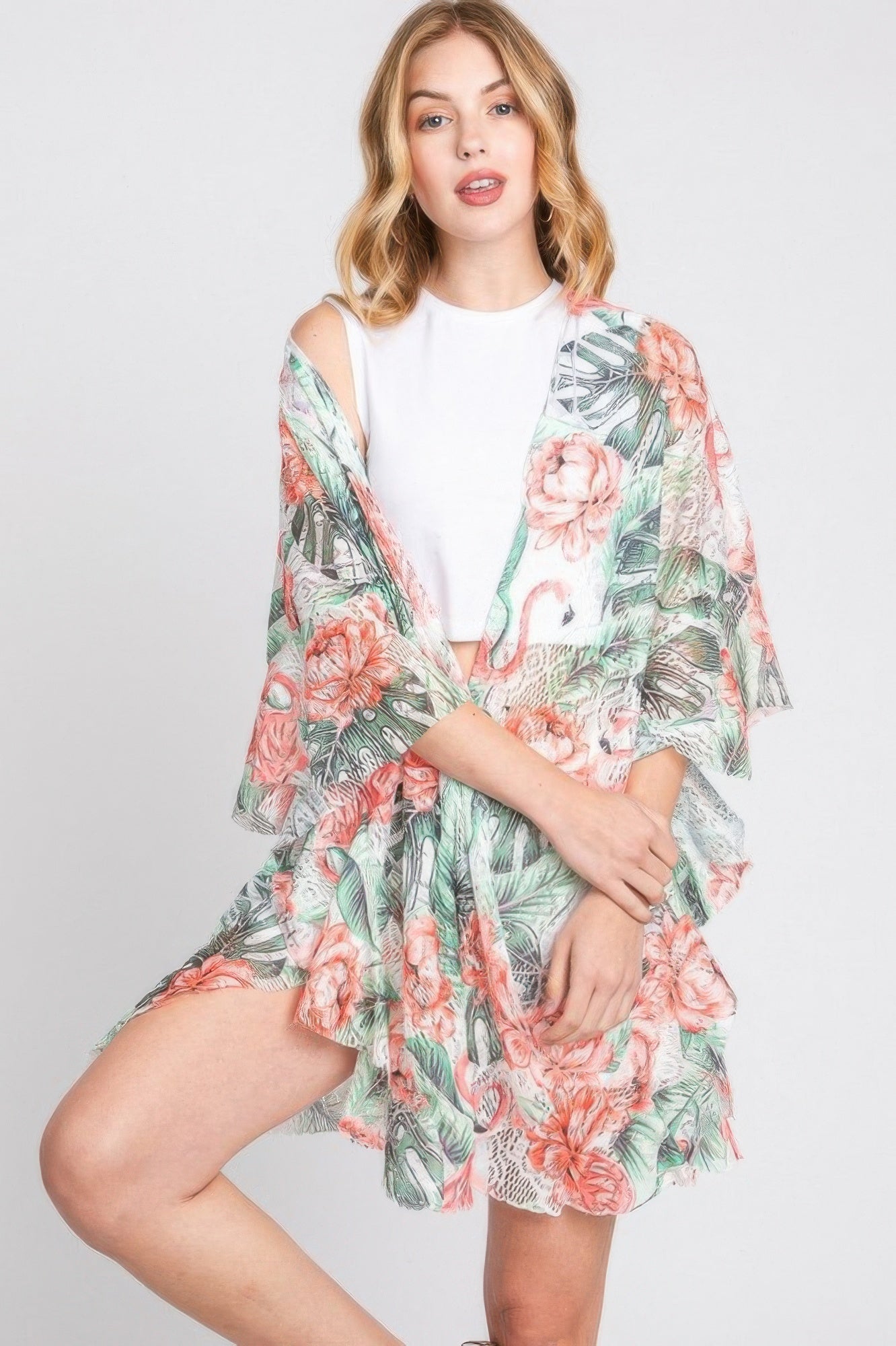 Ruffle Lined Tropical Flamingo Print Open Front - Farnelli