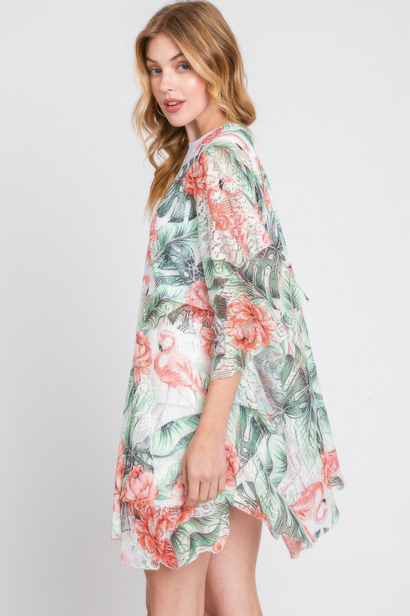 Ruffle Lined Tropical Flamingo Print Open Front - Farnelli