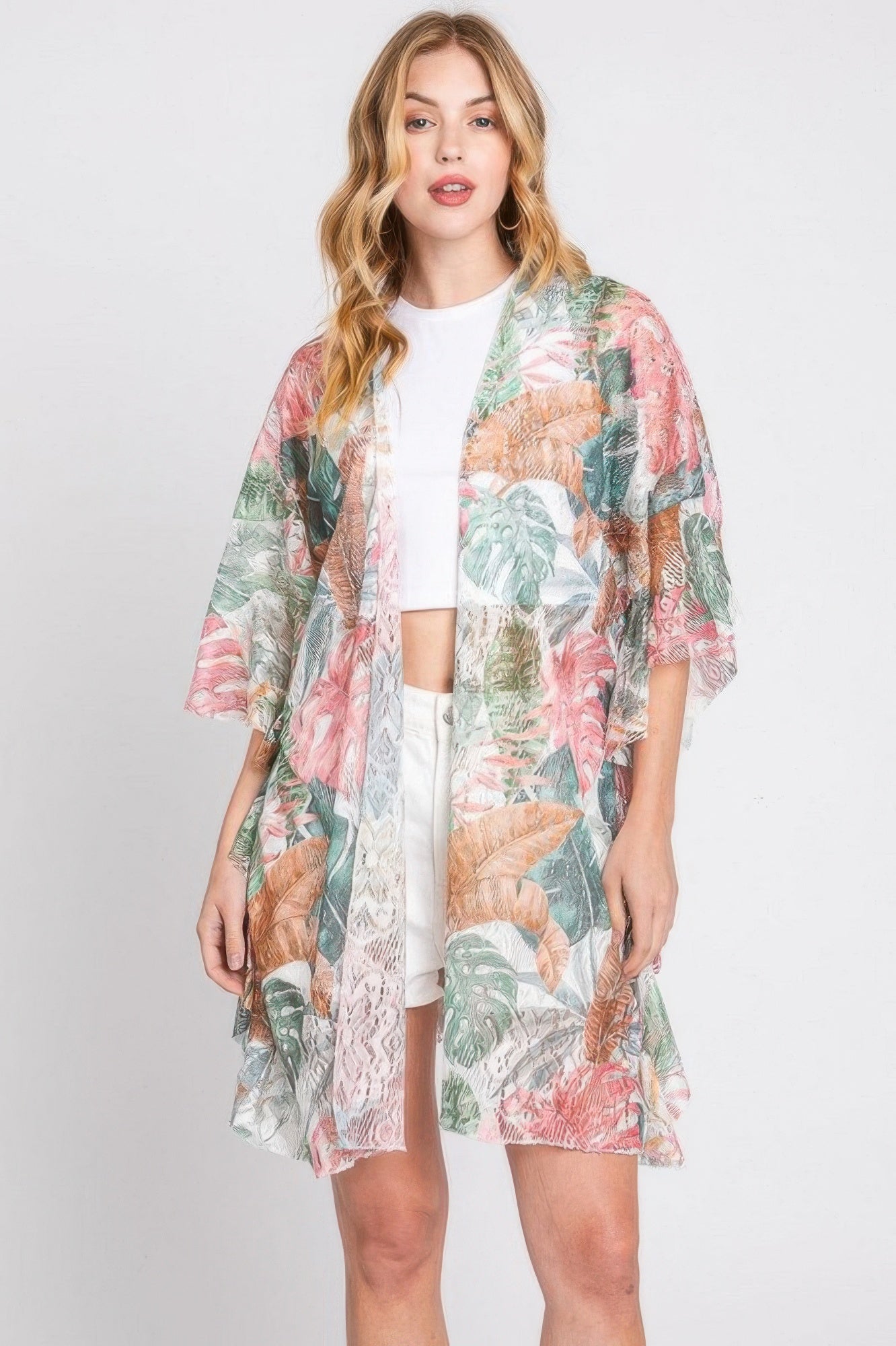 Ruffle Lined Tropical Leaves Print Open Frontcover - Farnelli