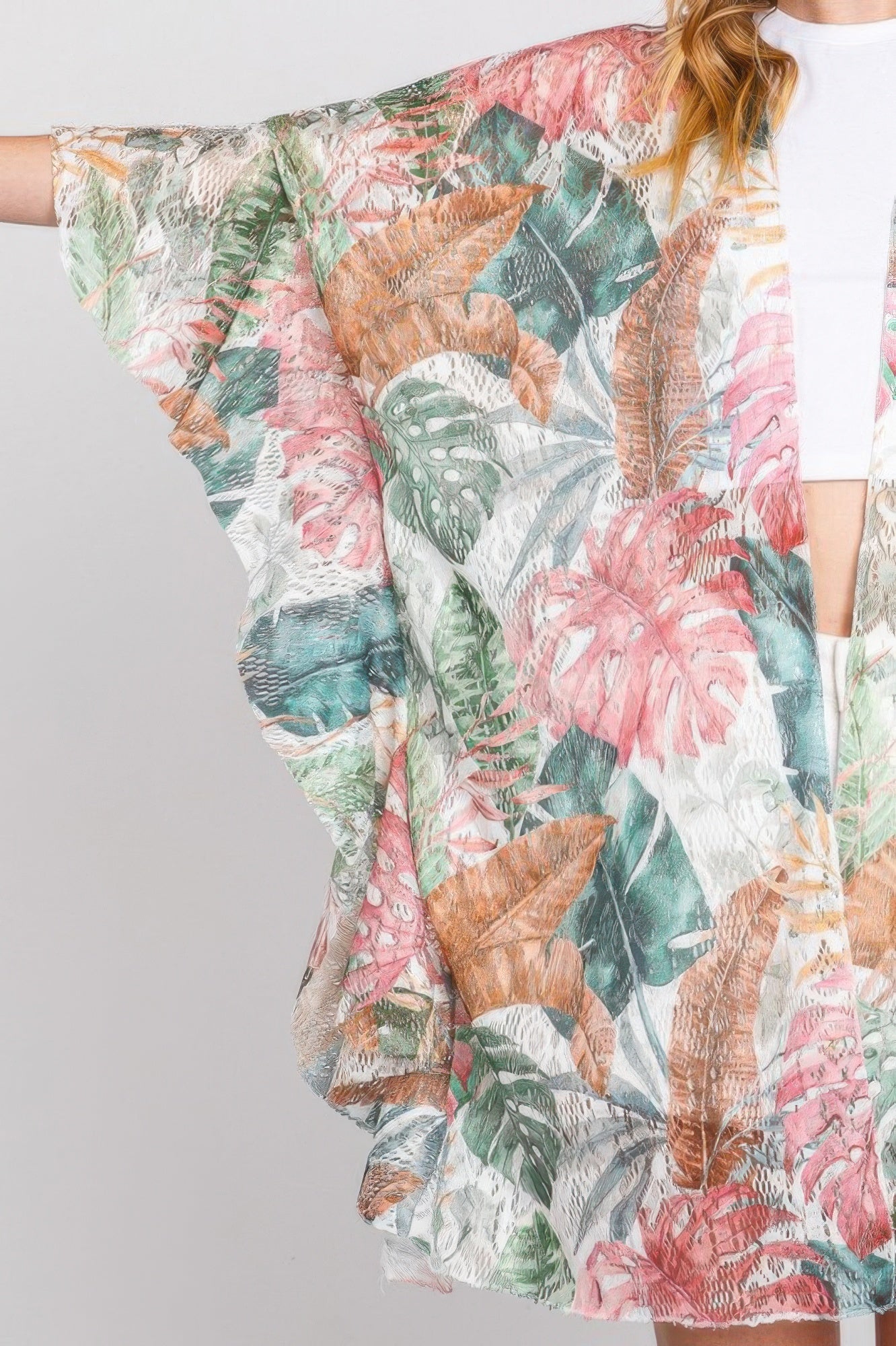 Ruffle Lined Tropical Leaves Print Open Frontcover - Farnelli