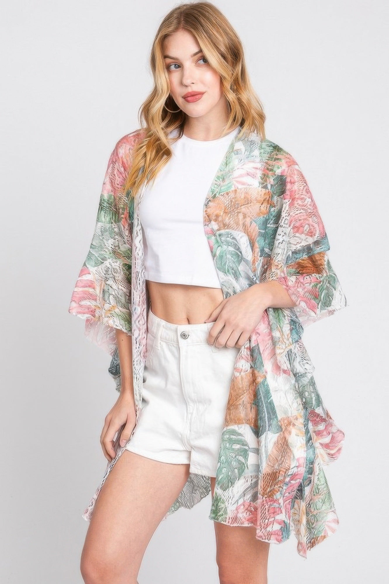 Ruffle Lined Tropical Leaves Print Open Frontcover - Farnelli