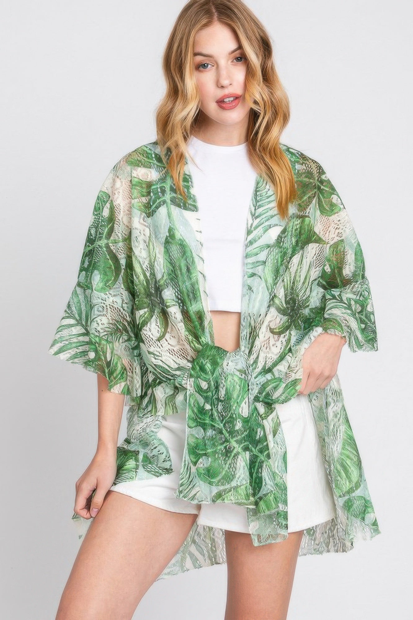 Ruffle Lined Tropical Leaves Print Open Frontcover - Farnelli