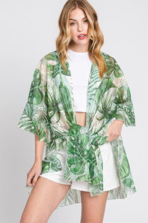 Ruffle Lined Tropical Leaves Print Open Frontcover - Farnelli