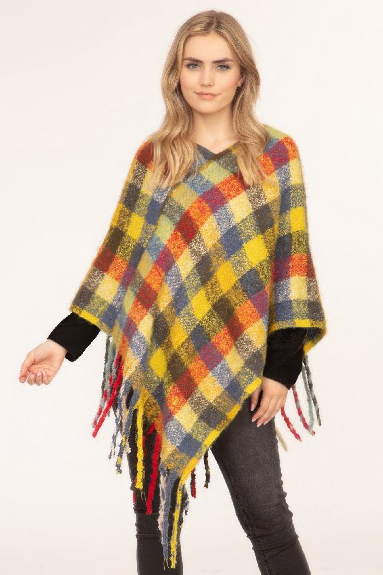 Color Block Plaid Poncho - Farnelli