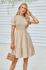 Solid Puff Sleeve Shirred Detail Ruffle Hem Dress - Farnelli