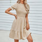 Solid Puff Sleeve Shirred Detail Ruffle Hem Dress - Farnelli