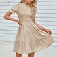 Solid Puff Sleeve Shirred Detail Ruffle Hem Dress - Farnelli