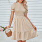 Solid Puff Sleeve Shirred Detail Ruffle Hem Dress - Farnelli