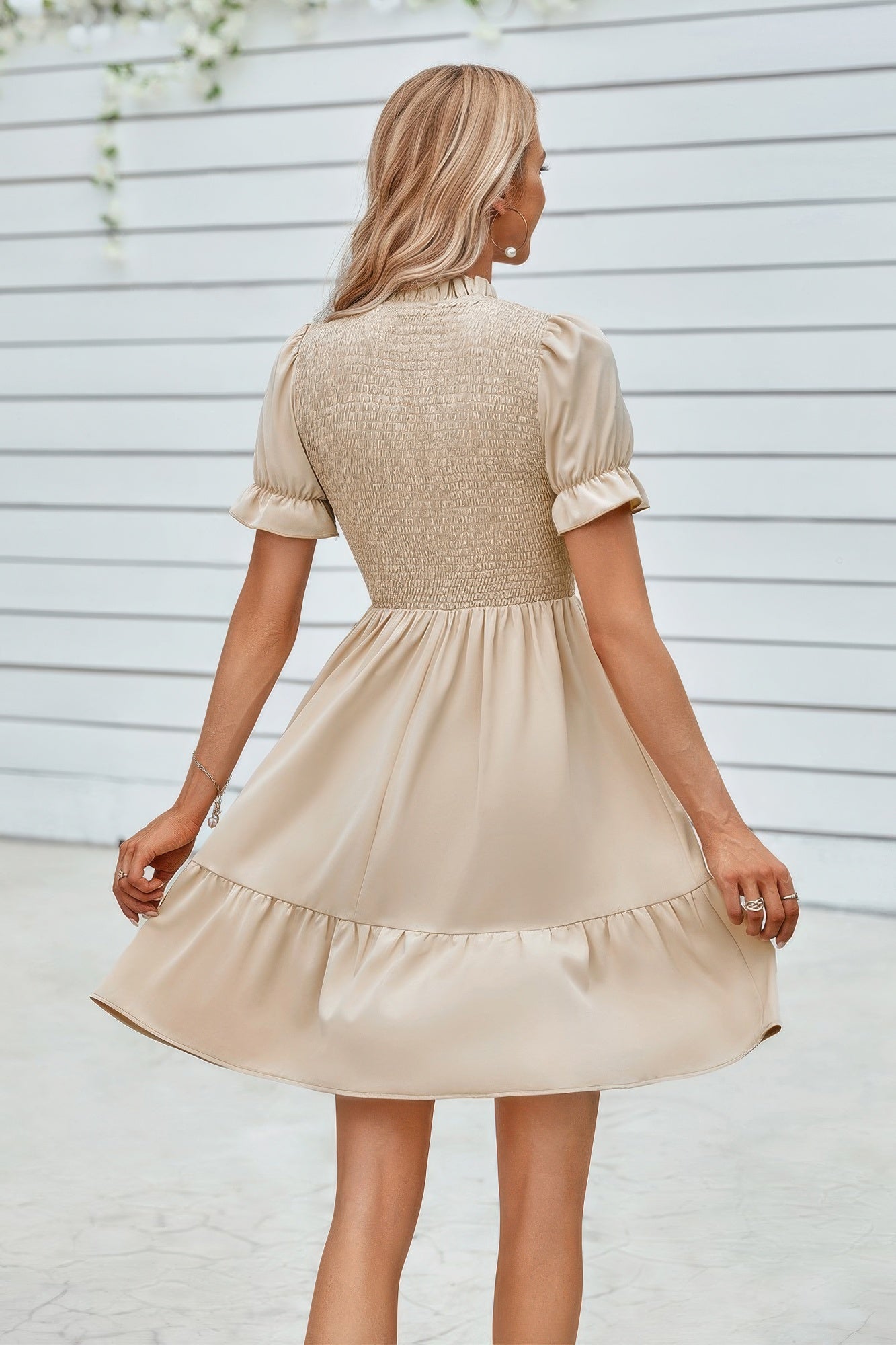 Solid Puff Sleeve Shirred Detail Ruffle Hem Dress - Farnelli