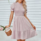 Solid Puff Sleeve Shirred Detail Ruffle Hem Dress - Farnelli