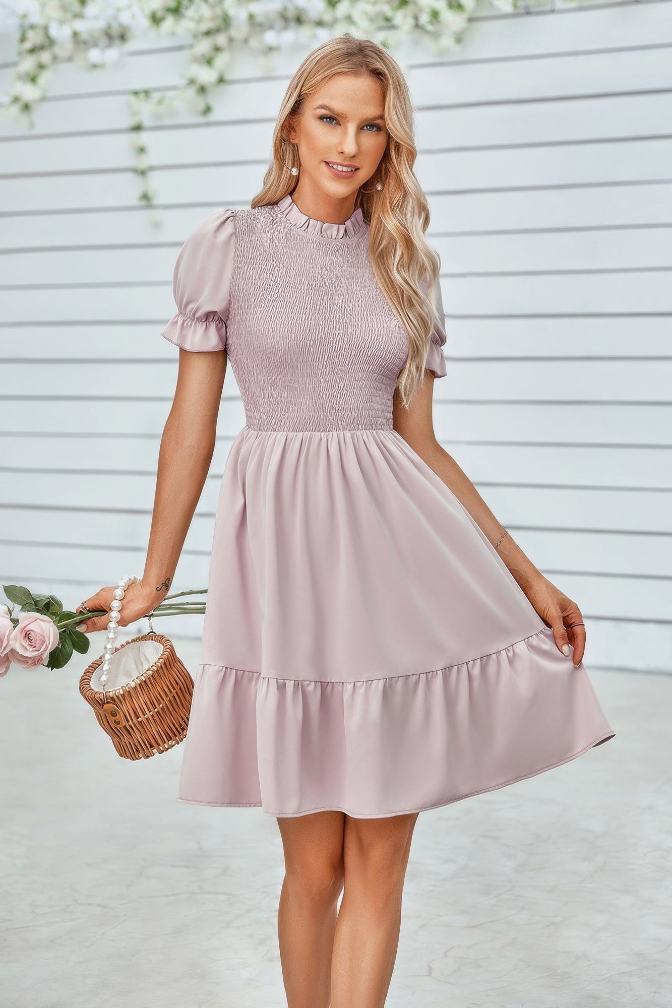 Solid Puff Sleeve Shirred Detail Ruffle Hem Dress - Farnelli